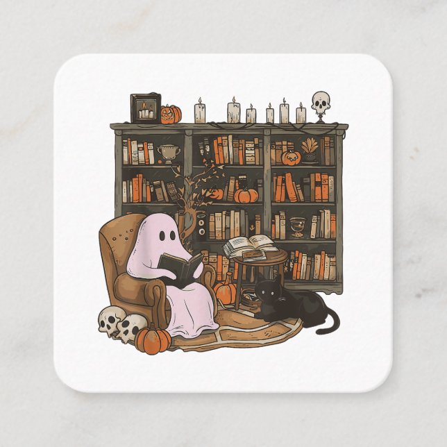 Cartão De Visita Quadrado Ghost Reading Book Cat lover Halloween (Frente)