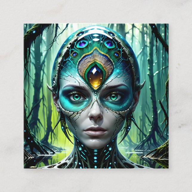 Cartão De Visita Quadrado Gigantes cibernéticos futurísticos e biomecânicos  (Frente)