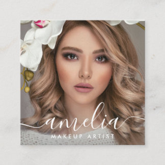 Cartão De Visita Quadrado Girly Script QR Code Photo 