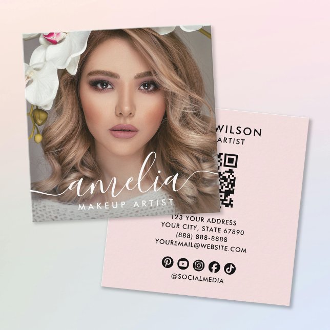 Cartão De Visita Quadrado Girly Script QR Code Photo  Square Blush Pink (Criador carregado)