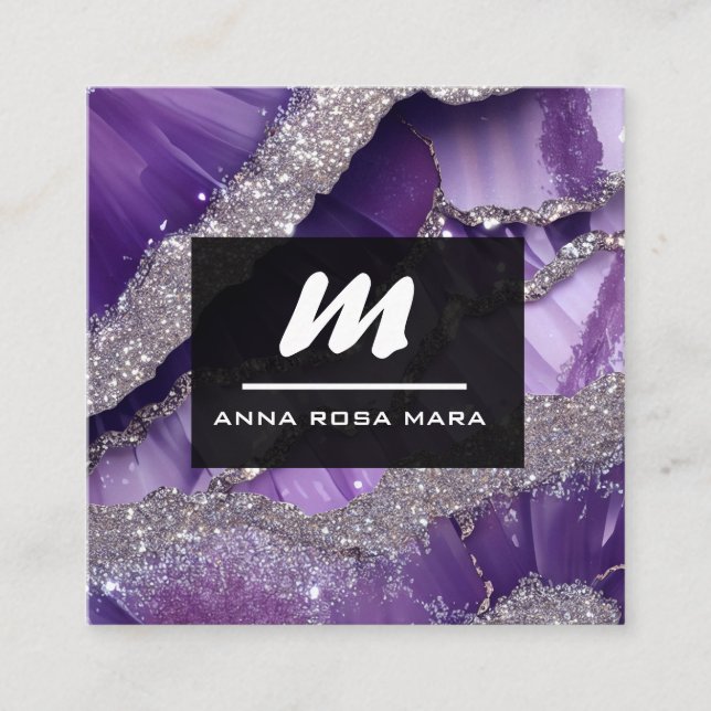 Cartão De Visita Quadrado *~* Glam Lavanda Roxo Luxo QR Inicial AP66 (Frente)