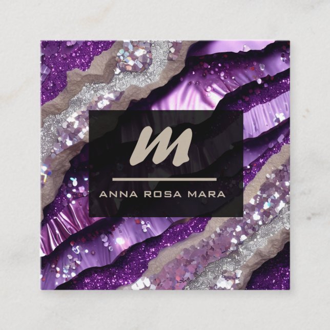 Cartão De Visita Quadrado *~* Glam Lavanda Roxo QR Luxe AP66 inicial (Frente)