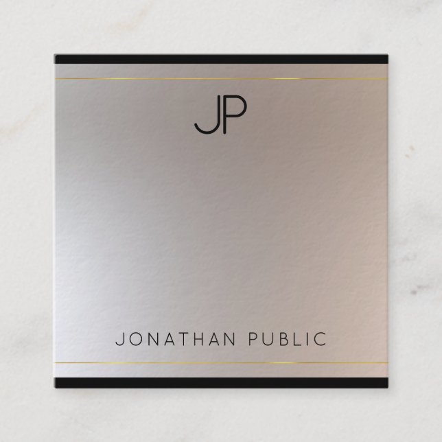 Cartão De Visita Quadrado Glamor Moderno Monograma Dourado Modelo de prata (Frente)