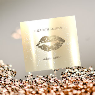 Cartão De Visita Quadrado Glamoroso elegante Shinny, ouro do falso, lábios