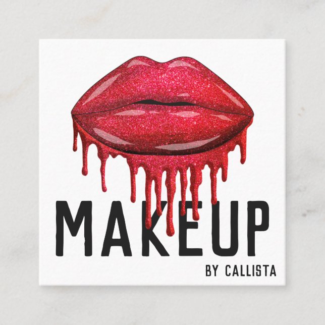 Cartão De Visita Quadrado Glamorous Sparkly Red Glitter Drives Makeup Lábios (Frente)