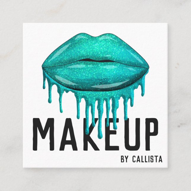 Cartão De Visita Quadrado Glamorous Sparkly Teal Glitter Drives Makeup Lábio (Frente)