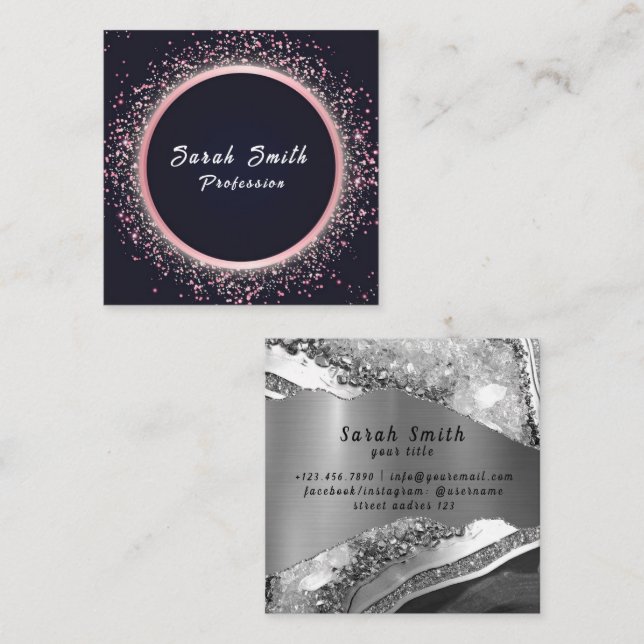 Cartão De Visita Quadrado Glitor do Círculo de Prata (Frente/Verso)