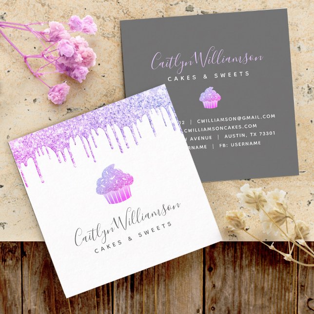 Cartão De Visita Quadrado Glitter de Cupcake roxo Coletor de pastelaria (Criador carregado)