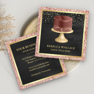 Cartão De Visita Quadrado Glitter Dourado Rosa preto pega panificação de m