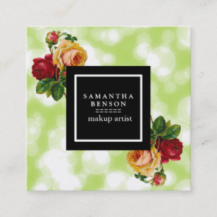 Cartão De Visita Quadrado Glitter Green Bokeh Glitter Sparkles Floral Makeup