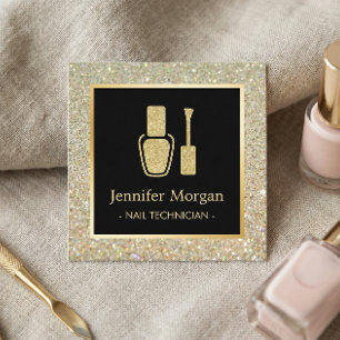 Cartão De Visita Quadrado Glitter Polonês Dourado do técnico das unhas