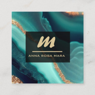 Cartão De Visita Quadrado *~* Glitter QR Luxe Inicial AP66 Turquesa Dourada