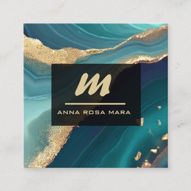 Cartão De Visita Quadrado *~* Glitter QR Luxe Turquesa Inicial AP66 Dourado (Frente)