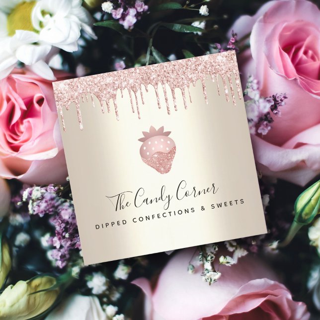 Cartão De Visita Quadrado Glitter Rosa Coloca Morango Chocolate Doce Dourado (Criador carregado)