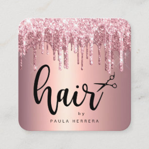 Cartão De Visita Quadrado Glitter rosa de cobre elegante goteja de cabelo