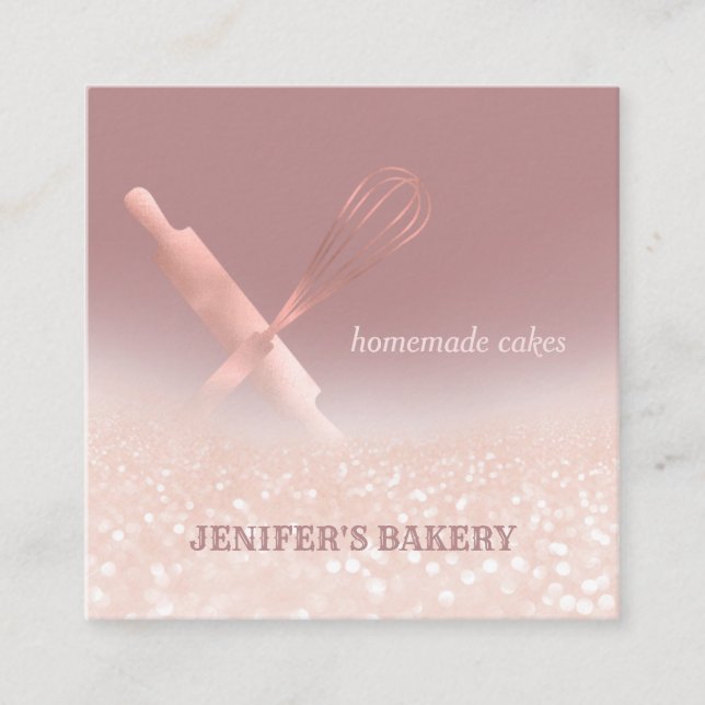 Cartão De Visita Quadrado Glittery rosa de ouro rolando pino uísque padaria  (Frente)