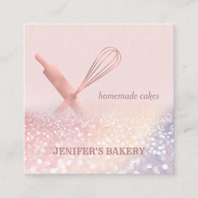 Cartão De Visita Quadrado Glittery rosa de ouro rolando pino uísque padaria  (Frente)