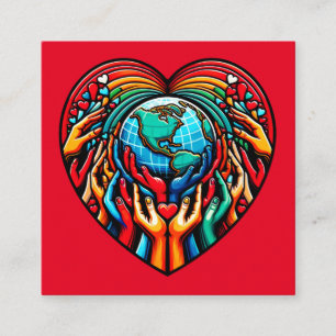 Cartão De Visita Quadrado Global Solidão Emblem Unity Heart Globe Design