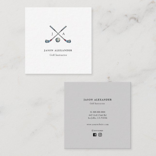 Cartão De Visita Quadrado Golf Clubs Monograma Instrutor Golf pro (Frente/Verso)