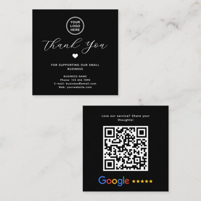 Cartão De Visita Quadrado Google Review QR Code Obrigado Black Modern (Frente/Verso)