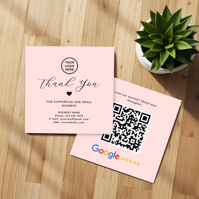 Cartão De Visita Quadrado Google Review QR Code Obrigado Rosa Quadrado (Criador carregado)