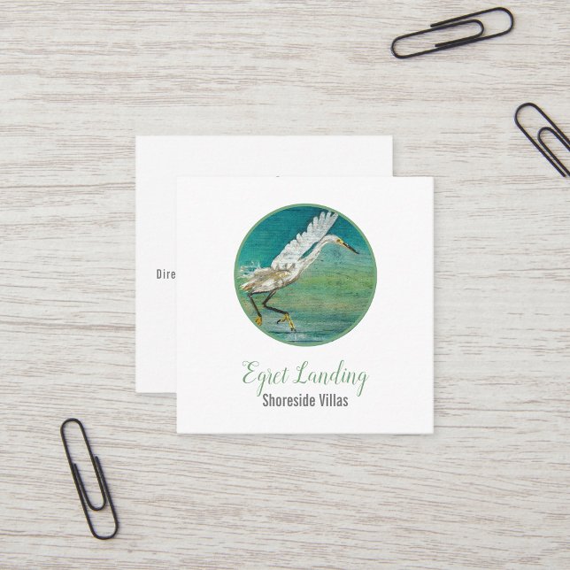 Cartão De Visita Quadrado Gorgeed Egret Shorebird On Water Art (Gorgeous Egret Shorebird On Water Art Square Business Card Jenn's Emporium. )