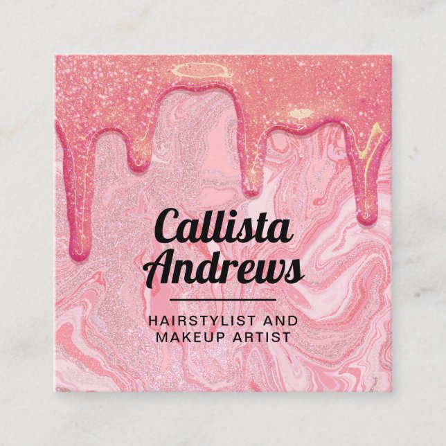 Cartão De Visita Quadrado Gotas de mármore com brilho rosa-cinza (Frente)