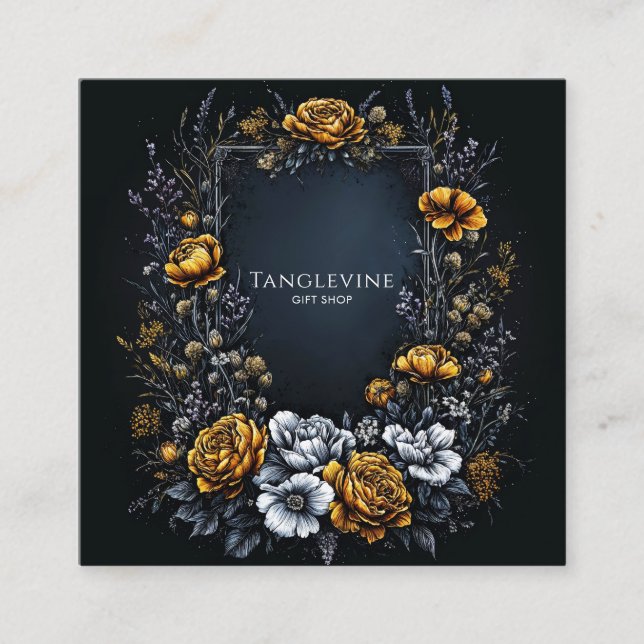 Cartão De Visita Quadrado Gothic Black Gold Floral Wreath Dark Academia (Frente)