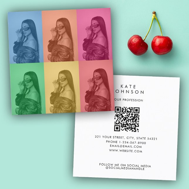 Cartão De Visita Quadrado Grade de Fotografias Personalizadas Modernas com P (Colorful Retro Pop Art Modern Custom Photo Grid Square Business Card)