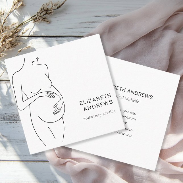 Cartão De Visita Quadrado Grávida Simpel Branca Moderna (Modern, minimalist business card, white,black. Line Art Illustration, pregnant woman. )