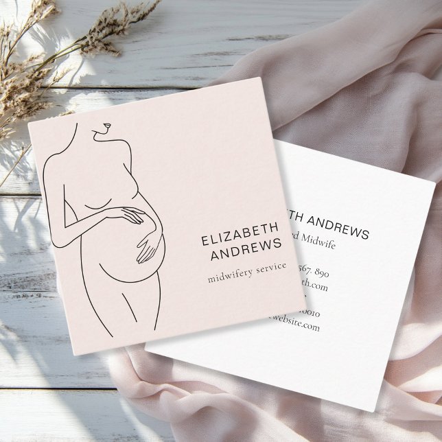 Cartão De Visita Quadrado Grávida Simpel Modern (Modern, minimalist business card, beige-blush, black. Line Art Illustration, pregnant woman.)