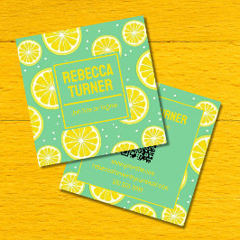 Cartão De Visita Quadrado Green and Yellow Lemon Slice Pattern, QR Code
