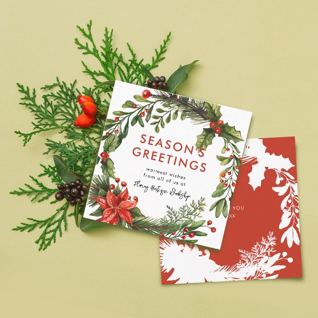 Cartão De Visita Quadrado Grinalda de Natal para Pequenas Empresas (Small Business Christmas Festive Wreath Square Business Card)