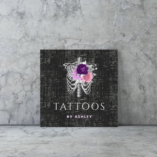 Cartão De Visita Quadrado Grunge Floral Skeleton Gothic Tattoo Rosas (Criador carregado)
