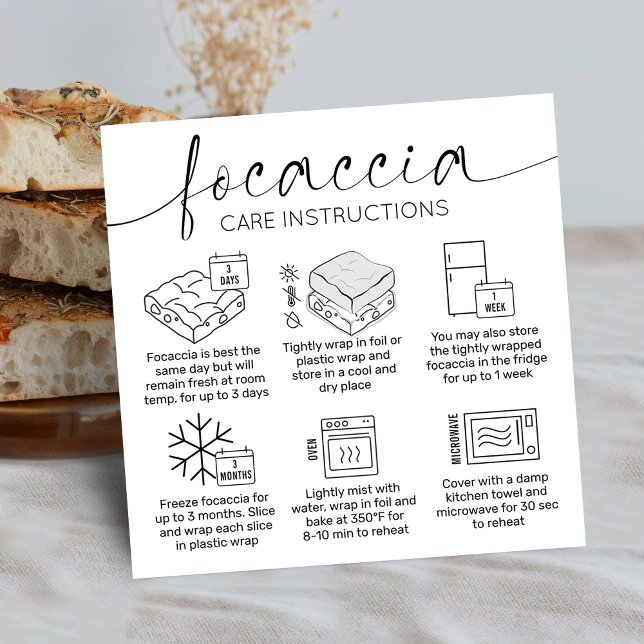 Cartão De Visita Quadrado Guia de assistência a pão Focaccia - Documentação  (Minimalist elegant focaccia bread care instructions cards with care icons, stylish calligraphy font)