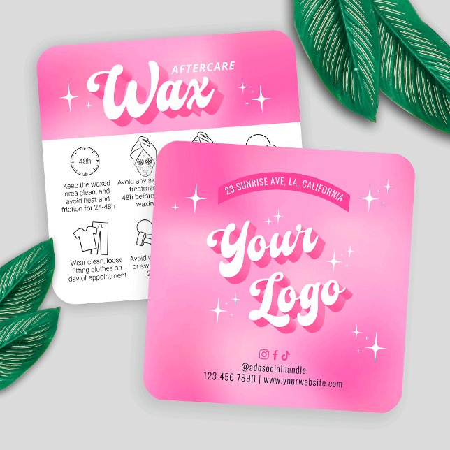 Cartão De Visita Quadrado Guia de Cuidados de Sobremesas Rosa Trendy (Trendy waxing care cards with icons, featuring girly pink design, care icons & retro fonts)