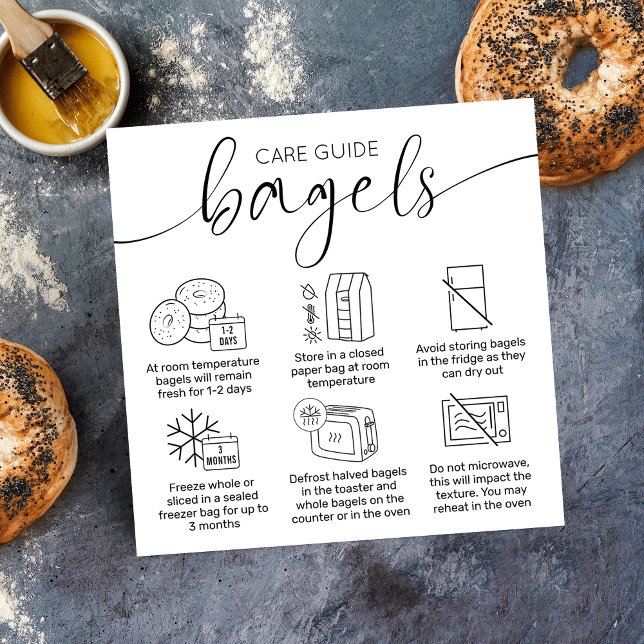 Cartão De Visita Quadrado Guia de Instruções de Cuidados a Bagéis (Minimalist modern bagels care instructions cards with care icons, elegant script font)