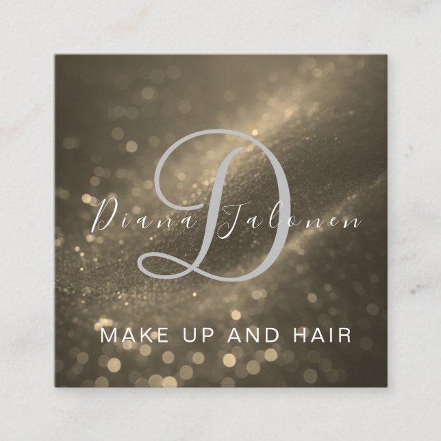 Cartão De Visita Quadrado Hair Salon Glitter Dark Dourado Makeup Artist Tren (Frente)