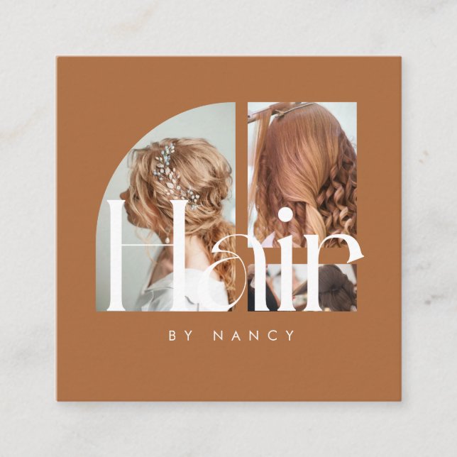 Cartão De Visita Quadrado Hair Salon Photo Collage Terracotta  (Frente)