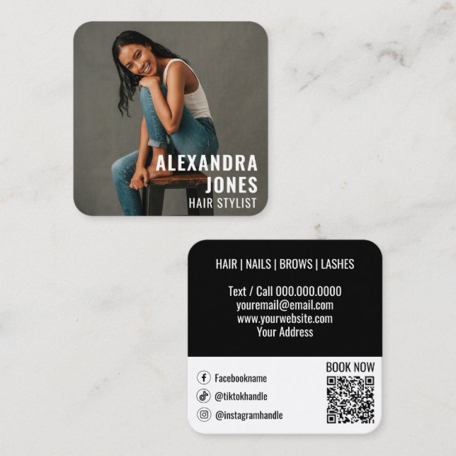 Cartão De Visita Quadrado Hair Styist Modelo Black Qr Code Mídia Social (Frente/Verso)