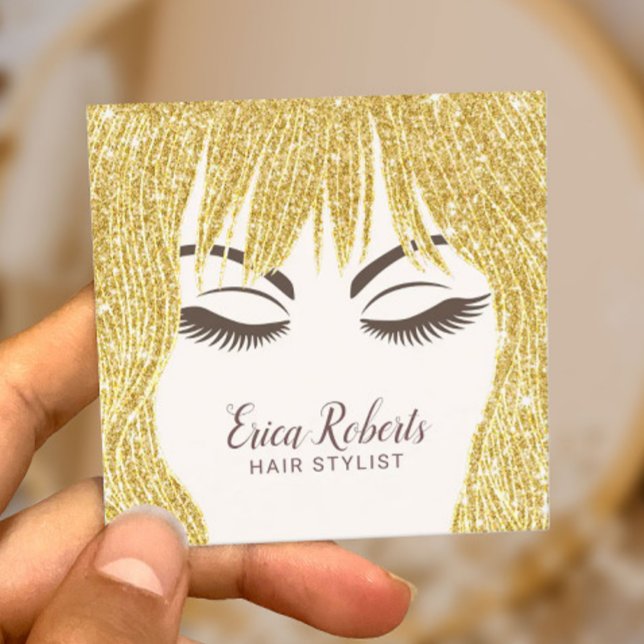 Cartão De Visita Quadrado Hair Stylist Modern Dourada Hair Girl Salon (Criador carregado)