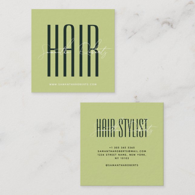 Cartão De Visita Quadrado Hair stylist modern typography script green (Frente/Verso)