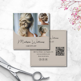 Cartão De Visita Quadrado Hair Stylist Salon 3 Fotos QR Code Beige