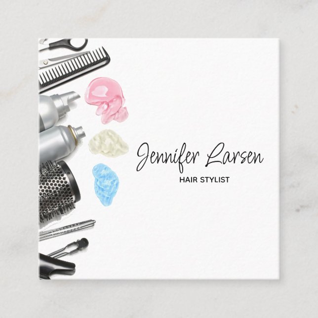 Cartão De Visita Quadrado Hair Stylist Salon Tools Beauty (Frente)