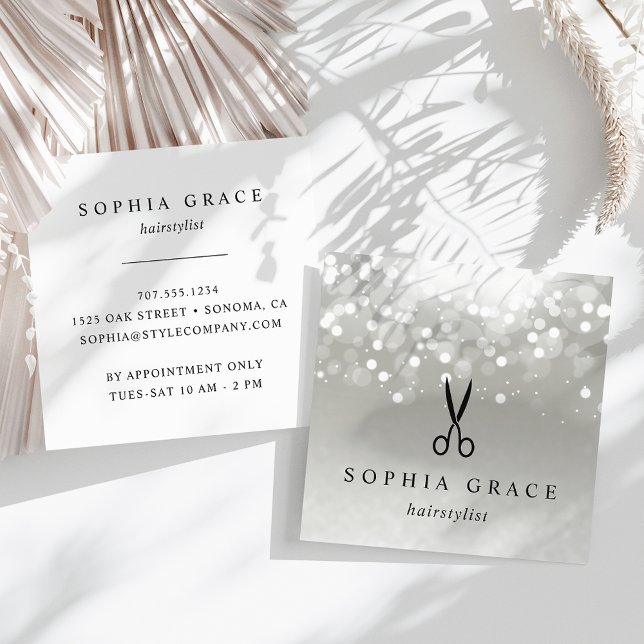 Cartão De Visita Quadrado Hairstylist com Brilho de Platina (Criador carregado)