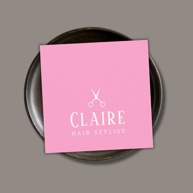 Cartão De Visita Quadrado Hairstylist mínima de tesouras brancas de Rosa ele (Criador carregado)
