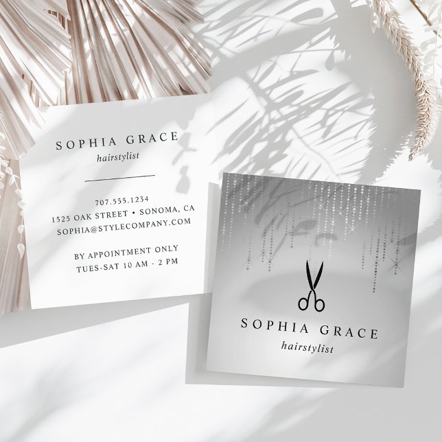 Cartão De Visita Quadrado Hairstylist para a chuva prateada (Criador carregado)