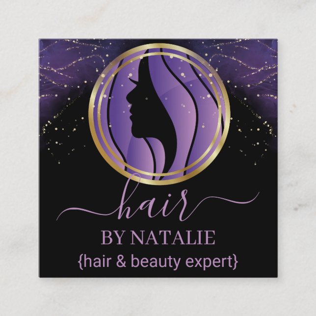 Cartão De Visita Quadrado Hairstylist para o brilho com brilho roxo holográf (Frente)