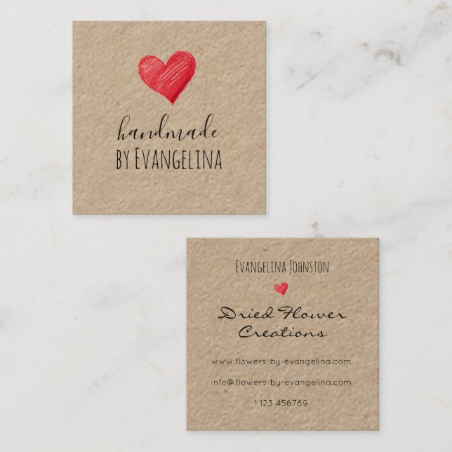Cartão De Visita Quadrado Handmade Business Cards, Red Heart, Custom (Frente/Verso)