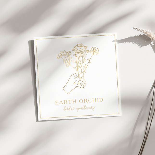 Cartão De Visita Quadrado Herbal + Apotecário Floral Dourado (Criador carregado)
